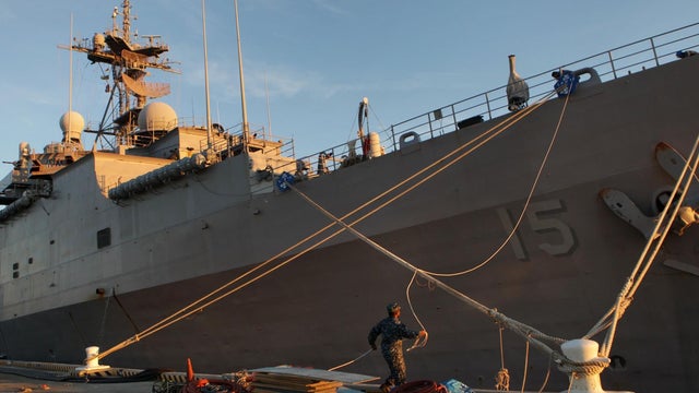 The amphibious assault ship Ponce is seen in this Dec. 2, 2011 file photo. The ship had arrived at Norfolk Naval Station to be decommissioned after a 40-year career. But reports are now coming it that it might be sent to the Mideast as a floating base for 