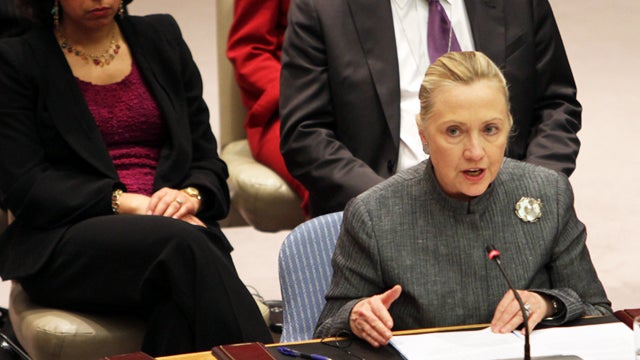 United States Secretary of State Hillary Rodham Clinton addresses a Security Council meeting on the situation in Syria, as U.S. Ambassador to the United Nations Susan Rice, left, looks on Tuesday, Jan. 31, 2012 at United Nations headquarters. Syrian troop 