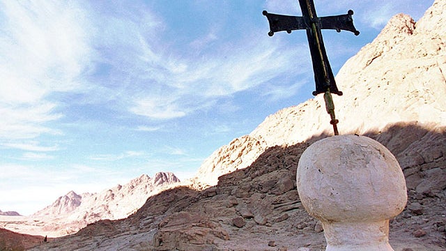 In this Wednesday, Jan. 7, 1998 file photo, the shadow of Mount Sinai stretches across the valley at the foot of the Greek Orthodox Monastery of St. Catherine in the Sinai peninsula some 240 miles southeast of Cairo, Egypt. 