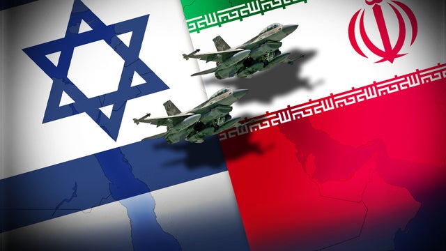 Flags of Israel and Iran with Israeli F-16 fighters 