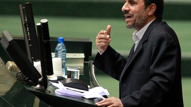 Iranian President Mahmoud Ahmadinejad addresses parliament before presenting his proposed budget in Tehran Feb. 1, 2012. 