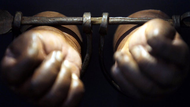 Shackles for slave children are seen on display at the New-York Historical Society Feb. 1, 2012, in New York City to coincide with Black History Month. A rare, handwritten copy of the Thirteenth Amendment, which abolished slavery, was unveiled at the soci 