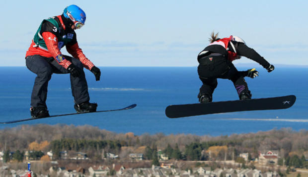 Maelle Ricker and Alexandra Jekova at the snowboard cross World Cup race  