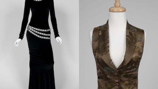 A black velvet dress and a brown satin vest owned by Whitney Houston are seen in this undated image released by Julien's Auctions. The floor-length, long-sleeve dress has a high collar and is embellished at neck and waist with metallic silver ribbon and b 