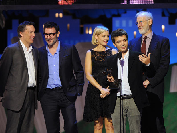 Richard Middleton, Michel Hazanavicius, Penelope Ann Miller, Thomas Langmann and James Cromwell accept the best feature award for "The Artist" at the Independent Spirit Awards 