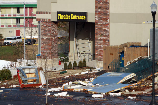 Storm debris is piled near the entrance to the Dick Clark's American Bandstand Theater 