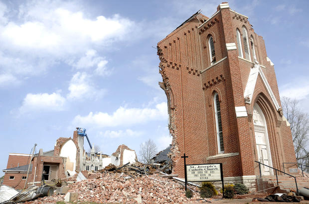 St. Joseph's Catholic Church is left in ruins after a severe storm hit  