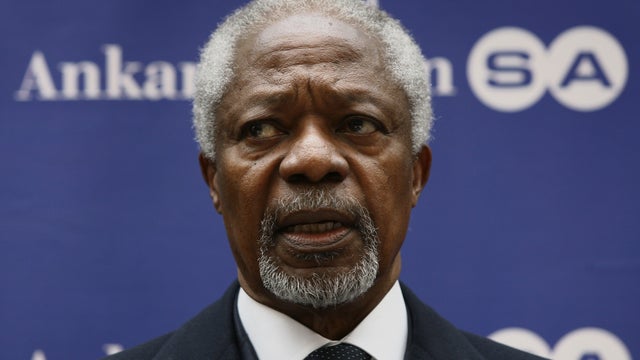 U.N. peace envoy Kofi Annan speaks to the media after a meeting with Syrian National Council members in Ankara, Turkey, Tuesday, March 13, 2012.  