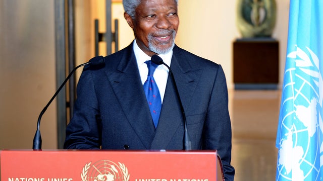U.N.-Arab League envoy Kofi Annan smiles as he speaks to the press March 16, 2012, in Geneva after a videoconference briefing the United Nations Security Council. 