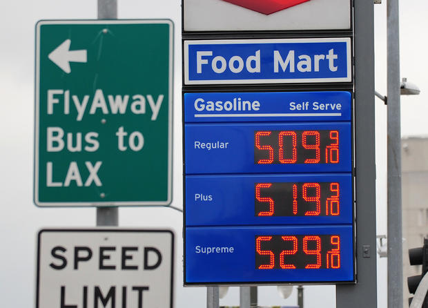 Prices posted at a gas station in downtown Los Angeles where gas is selling for over five dollars a gallon on March 16, 2012 in California. The average price for a gallon of self-serve regular gasoline in Los Angeles County dropped today for only the second time in 39 days, according to figures from the AAA and Oil Price Information Service. AFP PHOTO/Frederic J. BROWN (Photo credit should read FREDERIC J. BROWN/AFP/Getty Images) 