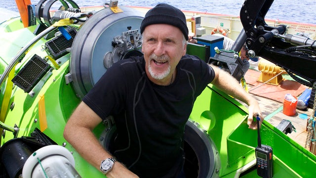 James Cameron emerges from the Deepsea Challenger submersible after his successful solo dive to the Mariana Trench 
