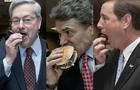 Iowa Gov. Terry Branstad, Texas Gov. Rick Perry, and Nebraska Lt. Gov. Rick Sheehy eat pink slime hamburgers 