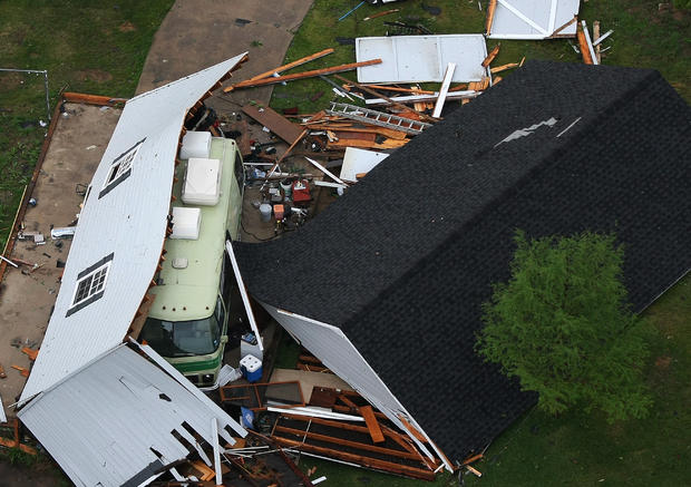 A structure in Arlington, Texas, is destroyed after a tornado 