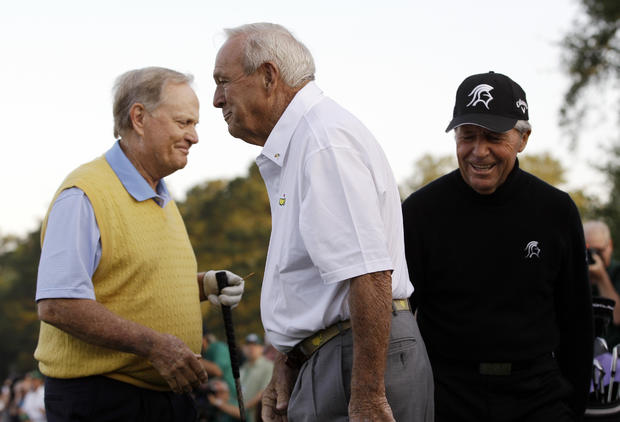 Honorary starters, from left, Jack Nicklaus, Arnold Palmer and Gary Player prepare to tee off 