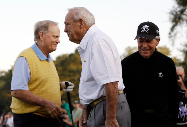 Honorary starters, from left, Jack Nicklaus, Arnold Palmer and Gary Player prepare to tee off 