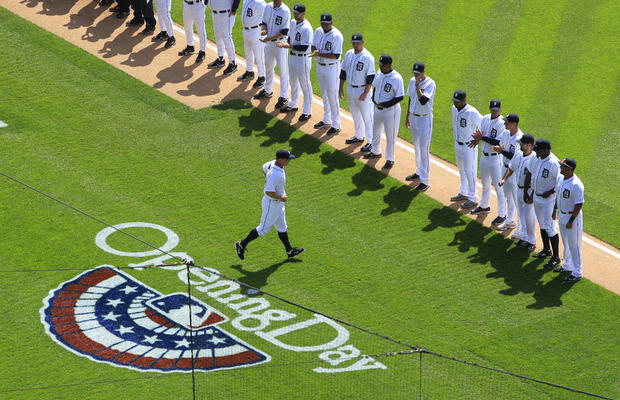The Detroit Tigers are introduced before an opening day baseball 