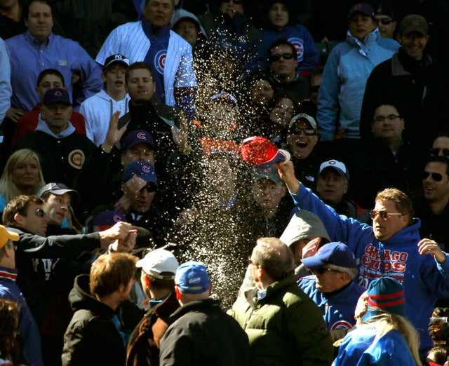 Baseball fans react after a foul ball hit by Chicago Cubs' Ian Stewart 