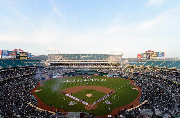 view of the O.co Coliseum during the national anthem  