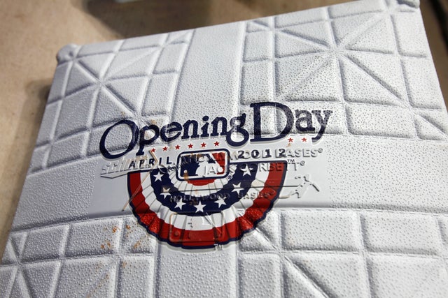 A base commemorating the Opening Day baseball game between the Miami Marlins and the St. Louis Cardinals 