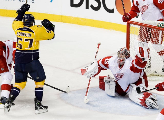 Predators forward Gabriel Bourque celebrates after scoring  