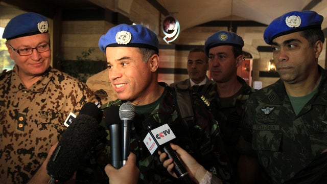 Moroccan Col. Ahmed Himmiche, leader of a United Nations team tasked with monitoring the U.N.-backed ceasefire in Syria, speaks to the press in Damascus, Syria, April 19, 2012. 