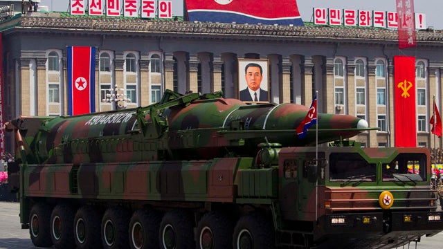 A North Korean vehicle carrying a missile passes by April 15, 2012, during a mass military parade in Pyongyang's Kim Il Sung Square. 