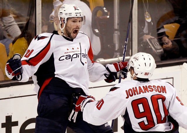 Troy Brouwer celebrates his winning goal 