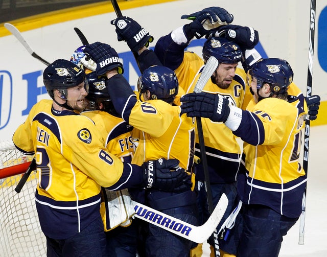 Predators celebrate their 2-1 win  