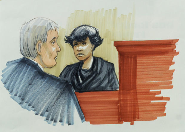 In this courtroom sketch, singer and actress Jennifer Hudson testifies Monday, April 23, 2012, in Chicago at the murder trial of William Balfour, charged in the October 2008 killings of her mother, brother and nephew. Looking on is Cook County Judge Charl 