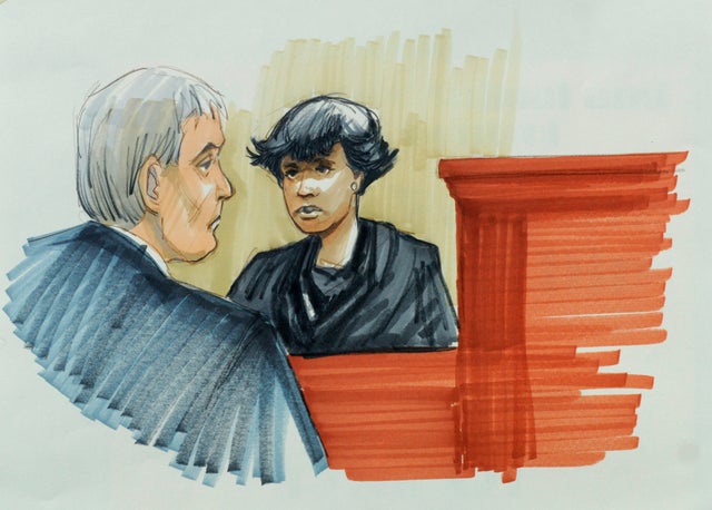 In this courtroom sketch, singer and actress Jennifer Hudson testifies Monday, April 23, 2012, in Chicago at the murder trial of William Balfour, charged in the October 2008 killings of her mother, brother and nephew. Looking on is Cook County Judge Charl 