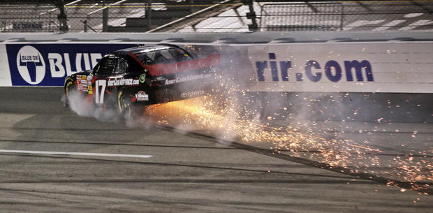 J.J. Yeley hits the wall in Turn 4 during the NASCAR Nationwide Series auto race 