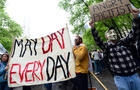 Occupy Wall Street participants gather to stage a May Day march at Bryant Park in New York May 1, 2012. 
