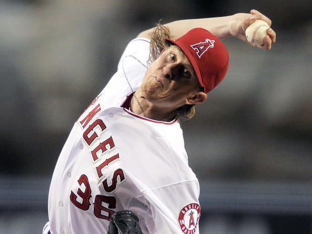 Jered Weaver throws to the plate 