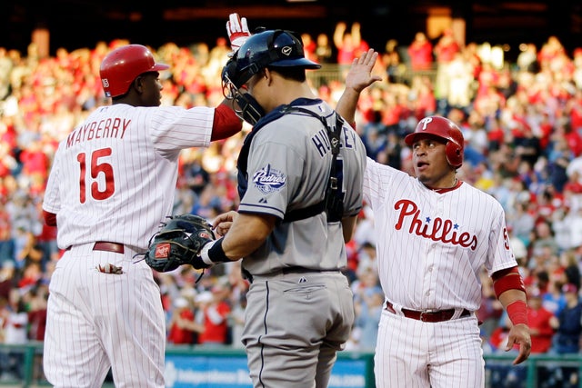 John Mayberry Jr. and Carlos Ruiz celebrate 