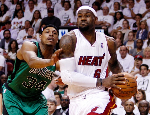 LeBron James drives to the basket  