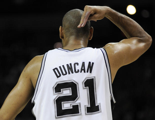 Tim Duncan gestures after a play  