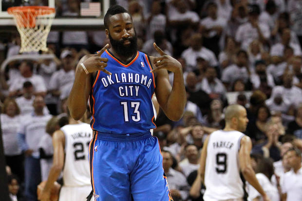 James Harden reacts after hitting a three point late in the fourth quarter  