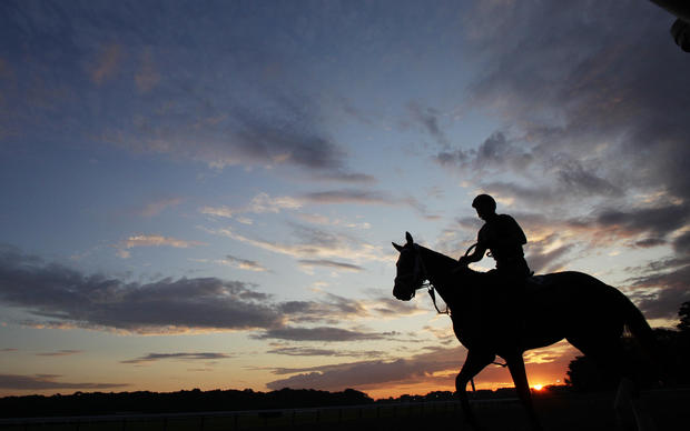 A horse enters the track at sunrise for training 
