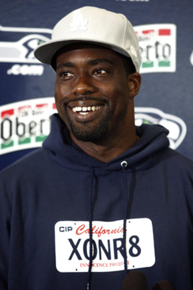 Brian Banks speaks during an NFL football news conference 