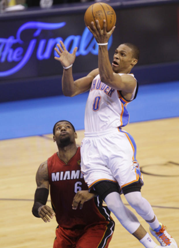Russell Westbrook shoots over LeBron James 