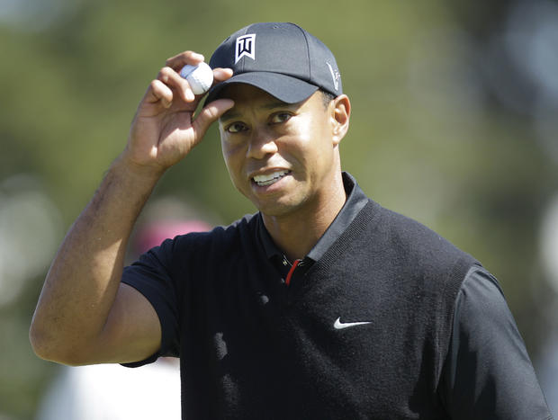Tiger Woods reacts after making a birdie on the 10th hole 