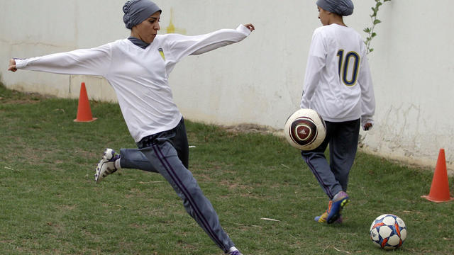 In this May 21, 2012 photo, Rana Al Khateeb, a 23-year-old member of a Saudi female soccer team, practices at a secret location in Riyadh, Saudi Arabia. 