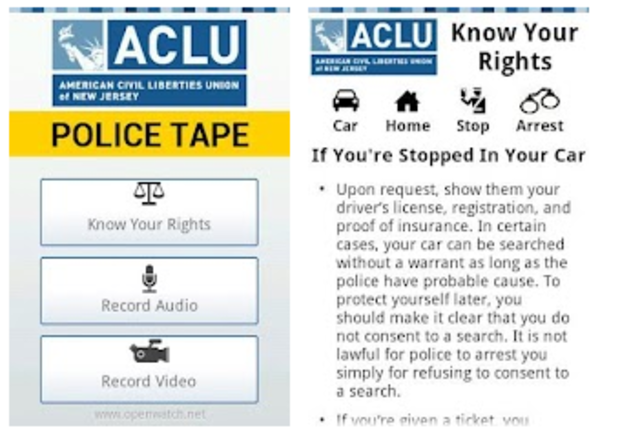 The ACLU's Police Tape app lets users discreetly record audio and video and provides helpful legal information about their rights when interacting with police. 