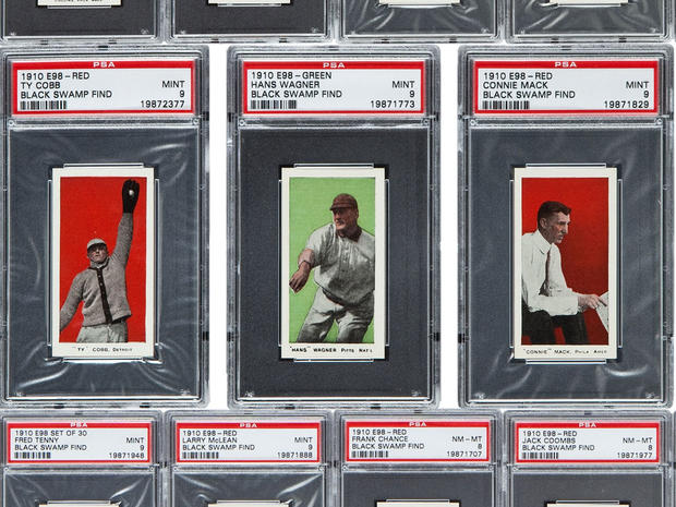 An undated photo of a few of the 1910 baseball cards found in an Ohio attic. 