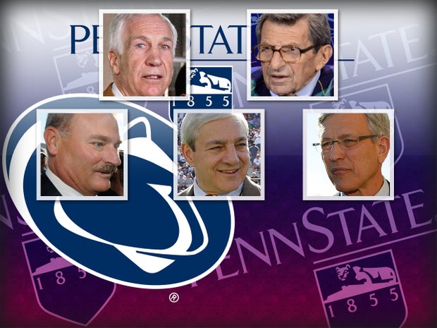 Penn State logo, Jerry Sandusky, Joe Paterno, Gary Schultz, Graham Spanier, Tim Curley 
