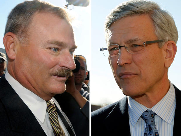 Former Penn State vice president Gary Schultz, left, and former athletic director Tim Curley are seen Nov. 7, 2011, in Harrisburg, Pa., in in this combo picture. 