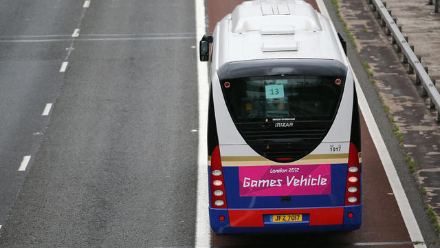 Olympic transport bus drives in the official Olympic lane on the M4 motorway 