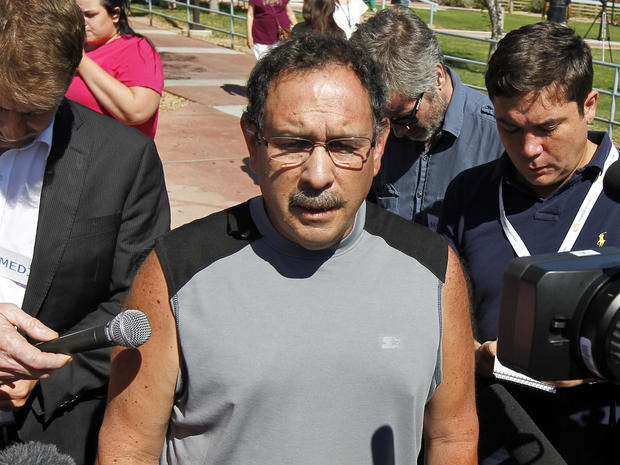 David Sanchez, whose son-in-law was critically wounded, speaks after a court appearance by shooting suspect James Holmes at the Arapahoe County Courthouse, Monday, July 23, 2012, in Centennial, Colo. 