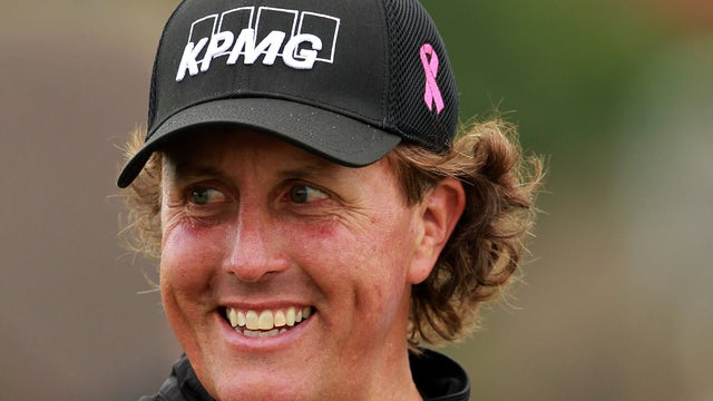 Phil Mickelson of the US prepares to tee off 