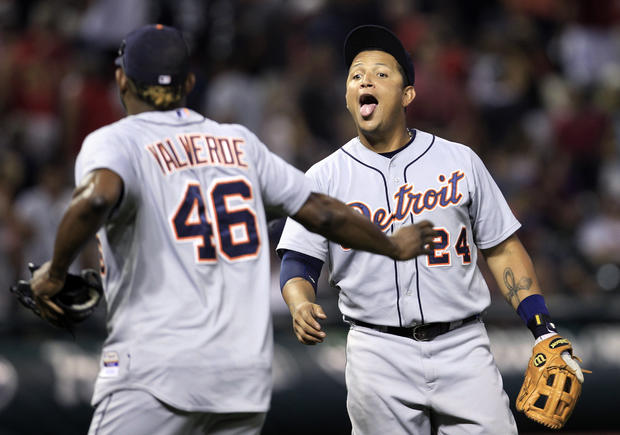 Miguel Cabrera sticks his tongue out at pitcher Jose Valverde 